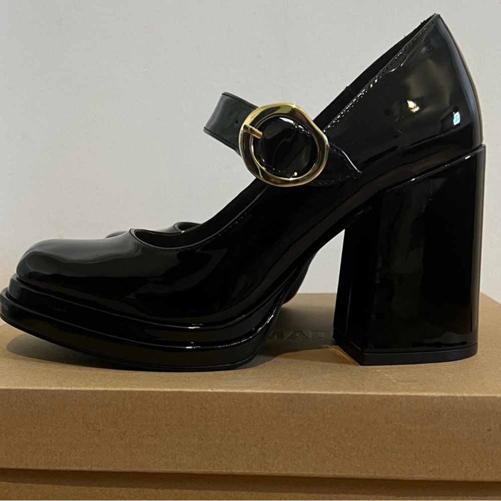 Black Patent Mary Jane Block Heel Pump with Gold Buckle